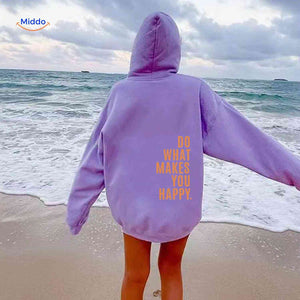 Purple oversized hoodie with orange text design.