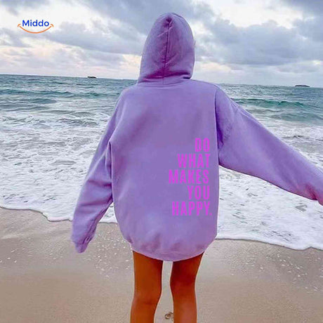 Purple oversized hoodie with pink motivational design.