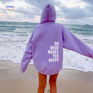 Purple oversized hoodie with white graphic text.