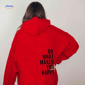 Red oversized hoodie featuring black text detail.