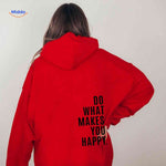 Red oversized hoodie featuring black text detail.