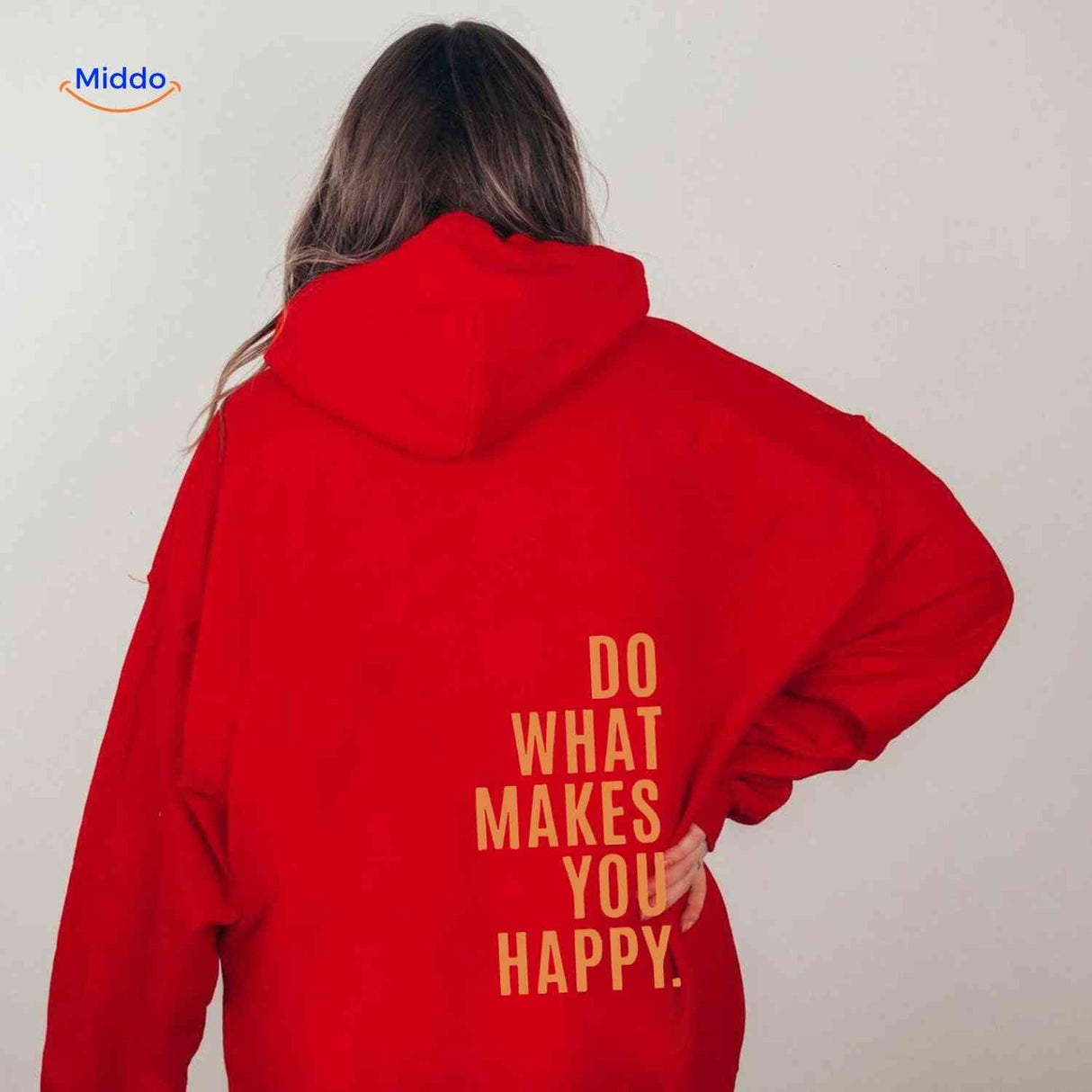 Red oversized hoodie with orange text print.
