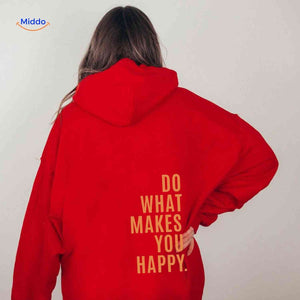 Red oversized hoodie with orange text print.