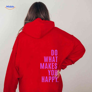 Red oversized hoodie with purple motivational text.