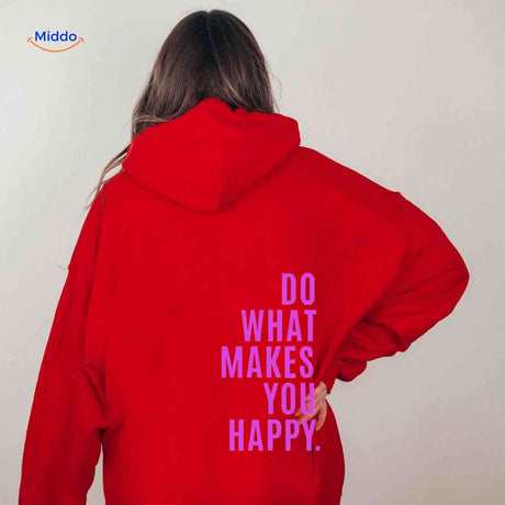 Red oversized hoodie with purple motivational text.