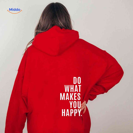Red oversized hoodie with white graphic message.