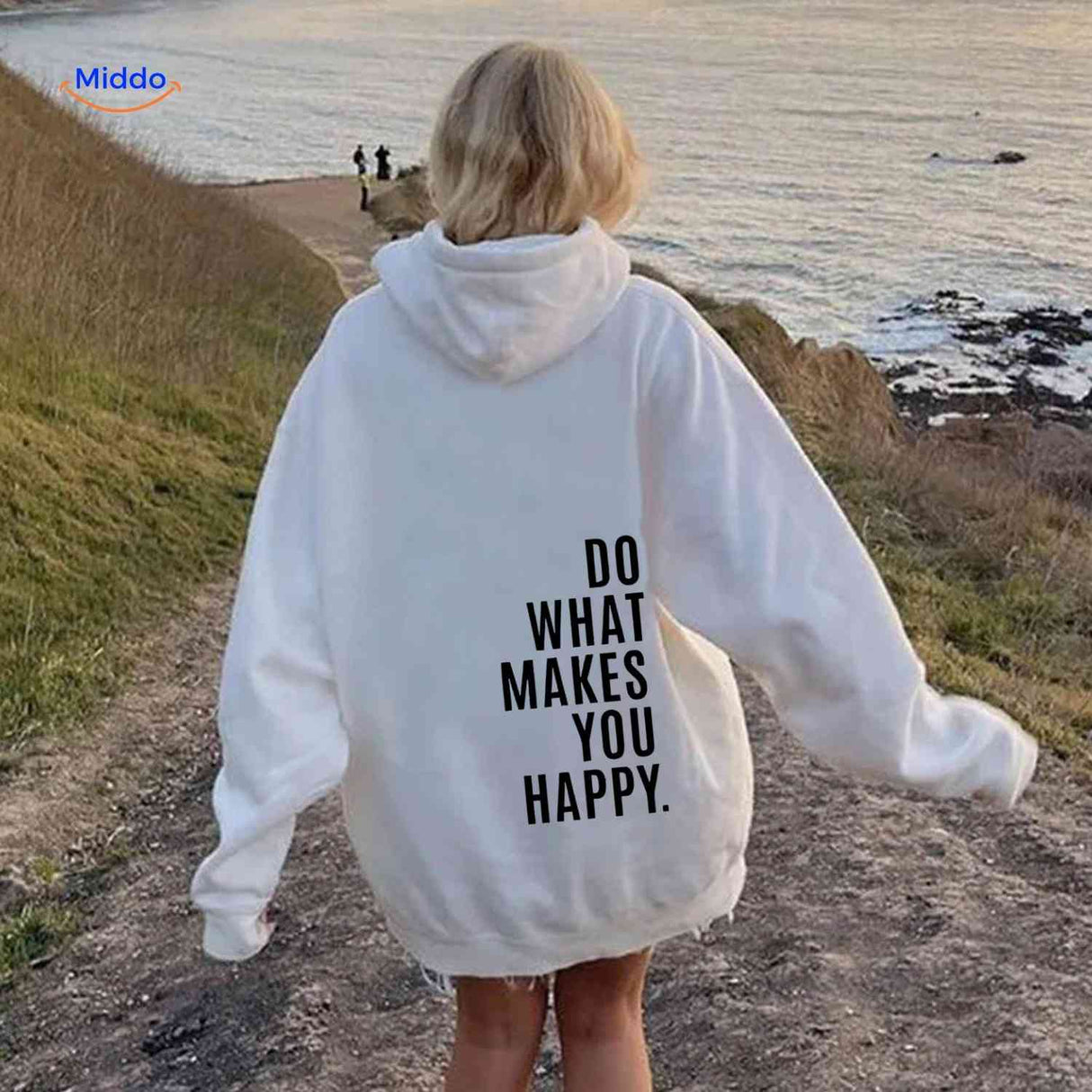 White oversized hoodie with black text print design.
