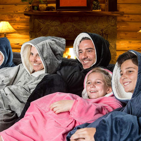 Oversized sherpa fleece hoodie available in multiple colors including blue, grey, black, red, and pink.