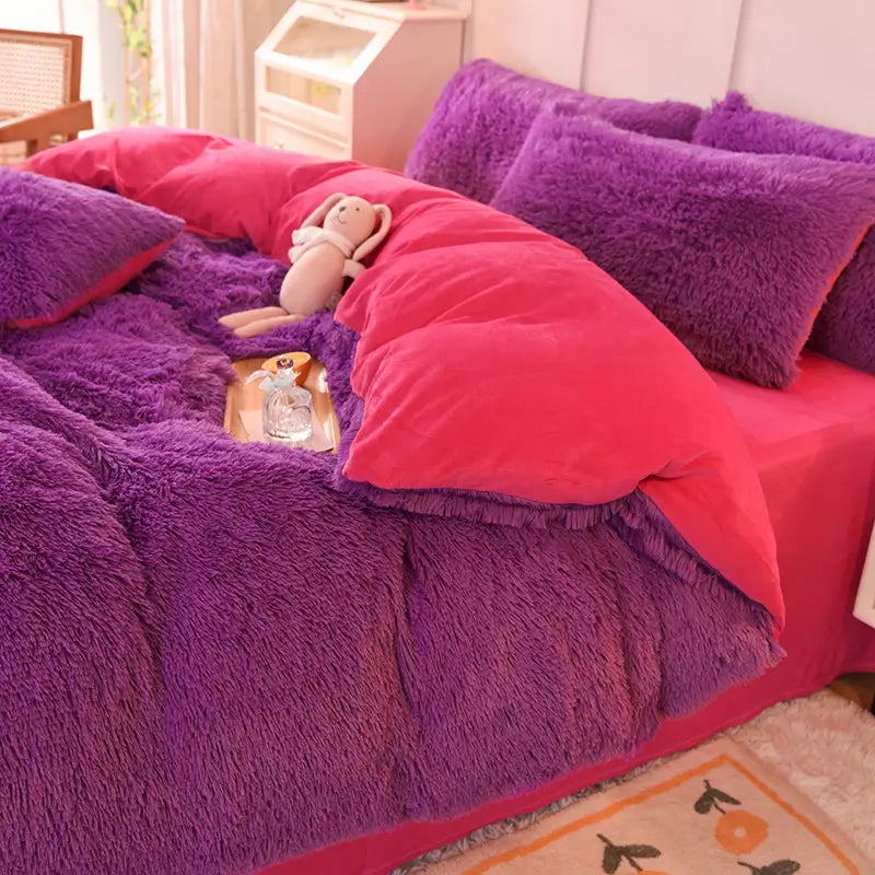 Teddy Fluffy fleece bedding set in Purple and Pink