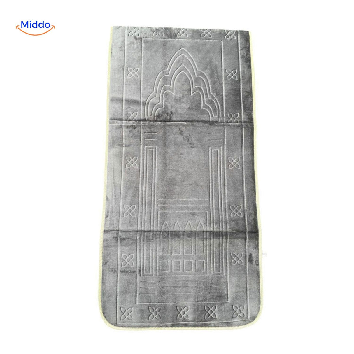 Compact padded travel prayer mat in light grey, neatly folded.