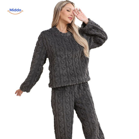 Blue soft fleece pajama set designed for home comfort and relaxation.