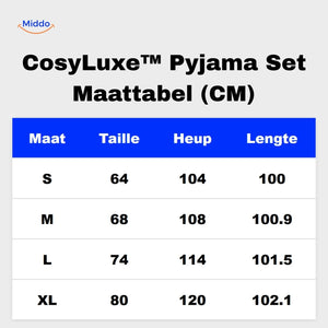 CosyLuxe pajama size chart showing measurements from size S to XL.