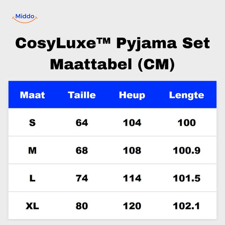 CosyLuxe pajama size chart showing measurements from size S to XL.