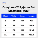 CosyLuxe pajama size chart showing measurements from size S to XL.