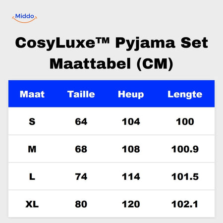 CosyLuxe pajama size chart showing measurements from size S to XL.
