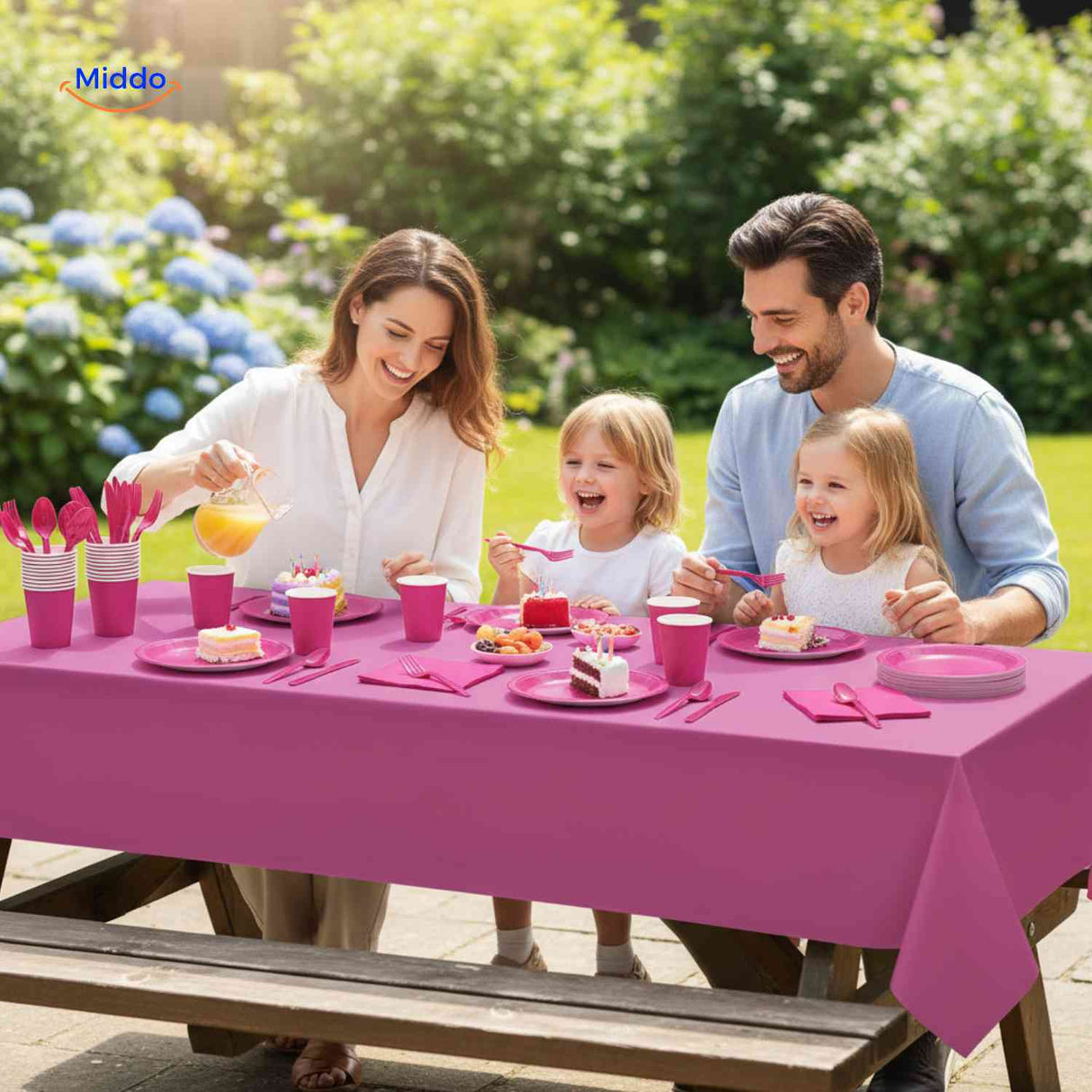 Complete party tableware collection featuring plates, cups, cutlery, and table setting items.