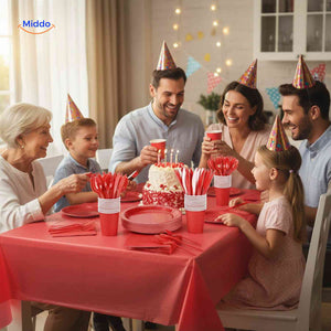 Party tableware set with coordinated plates, cups, and cutlery for festive party decorations.