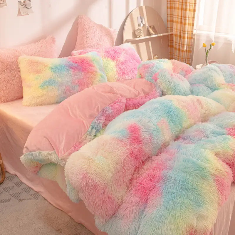 Teddy Fluffy fleece bedding set in Pastel Rainbow