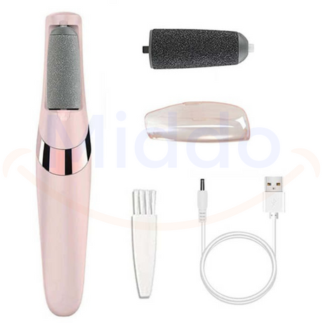 Callus remover device with included replacement heads and brush