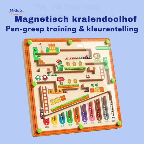 Magnetic pen grip training with color bead navigation.