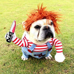Bulldog lifestyle photo wearing comfortable Chucky Halloween costume outfit.