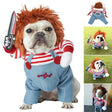 Bulldog wearing Chucky horror costume in various fun poses.