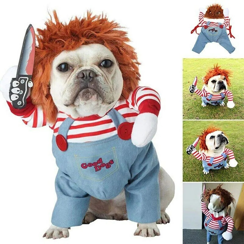 Bulldog wearing Chucky horror costume in various fun poses.