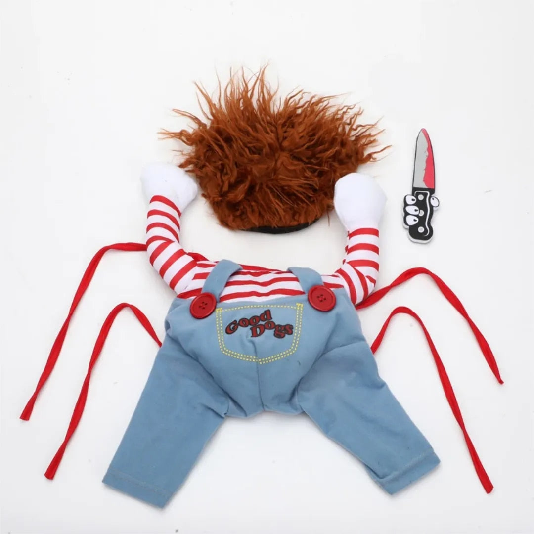 All included parts and accessories for the pet Chucky Halloween costume set.