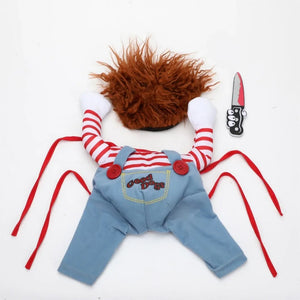 All included parts and accessories for the pet Chucky Halloween costume set.