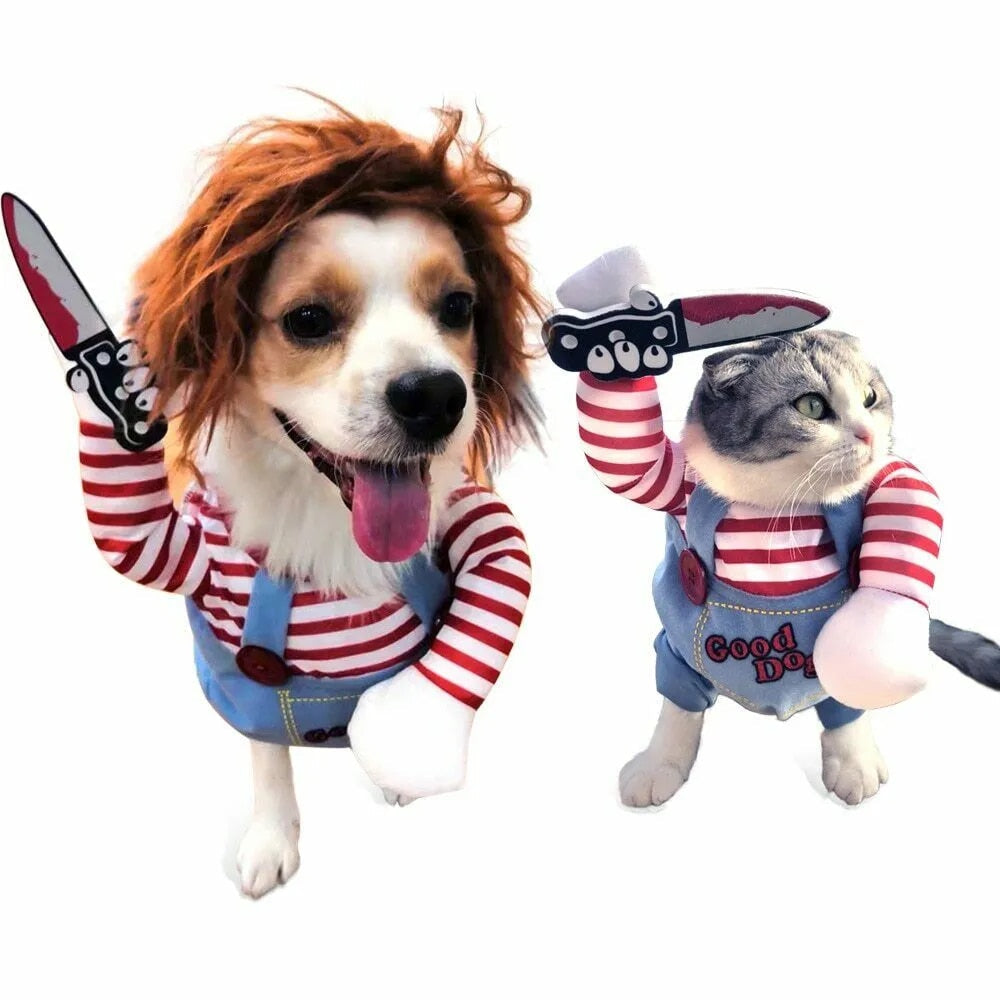 Pet wearing Chucky costume complete with knife prop and full character accessories.