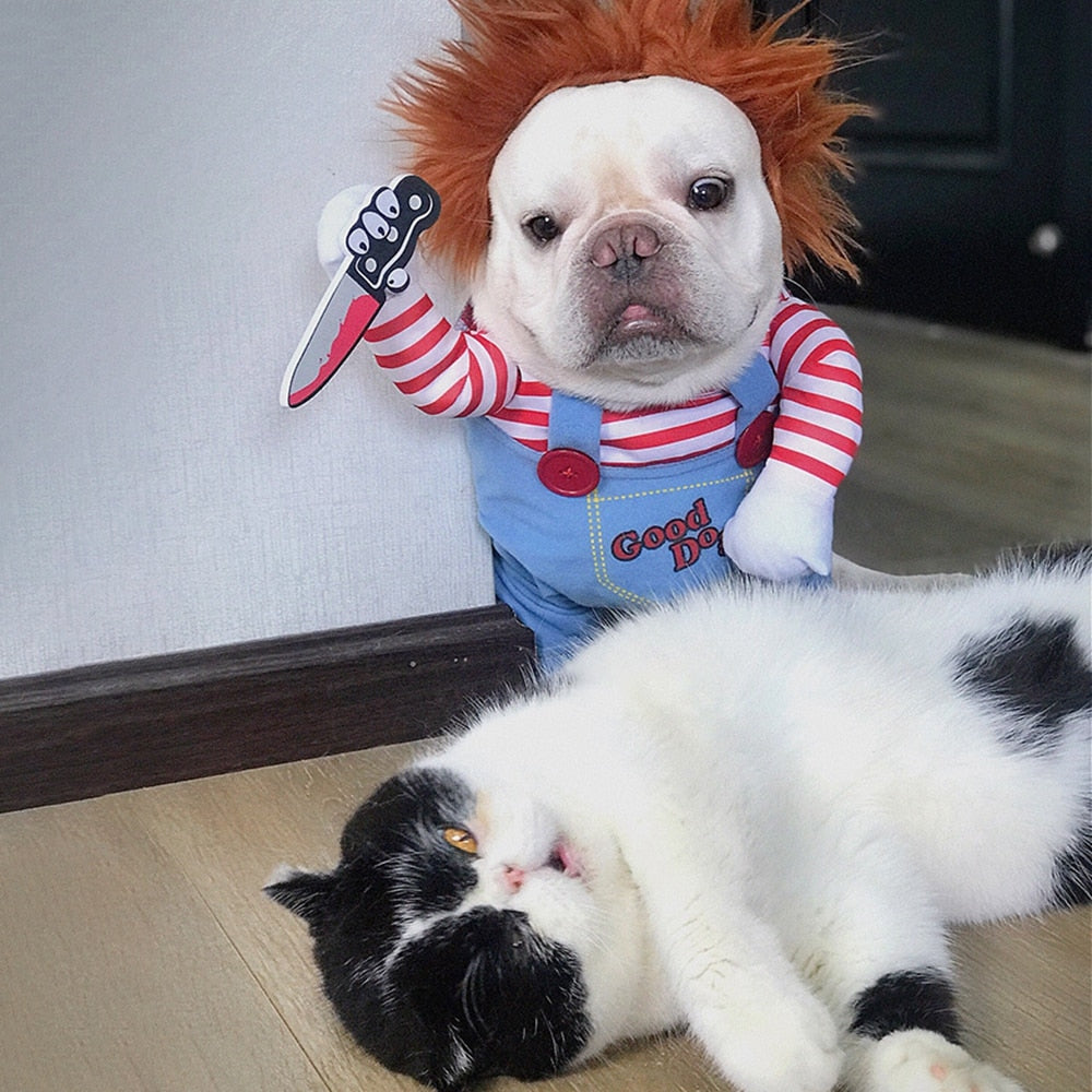 Pet Chucky Halloween horror costume for dogs and cats with knife accessory.