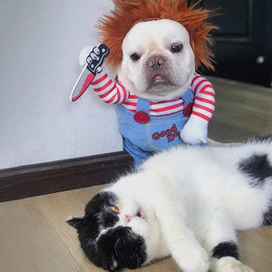 Pet Chucky Halloween horror costume for dogs and cats with knife accessory.