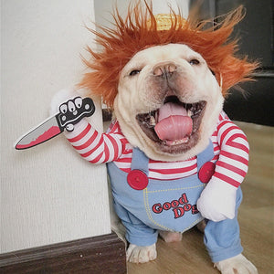 Close-up of laughing bulldog in Chucky spooky costume with character details.