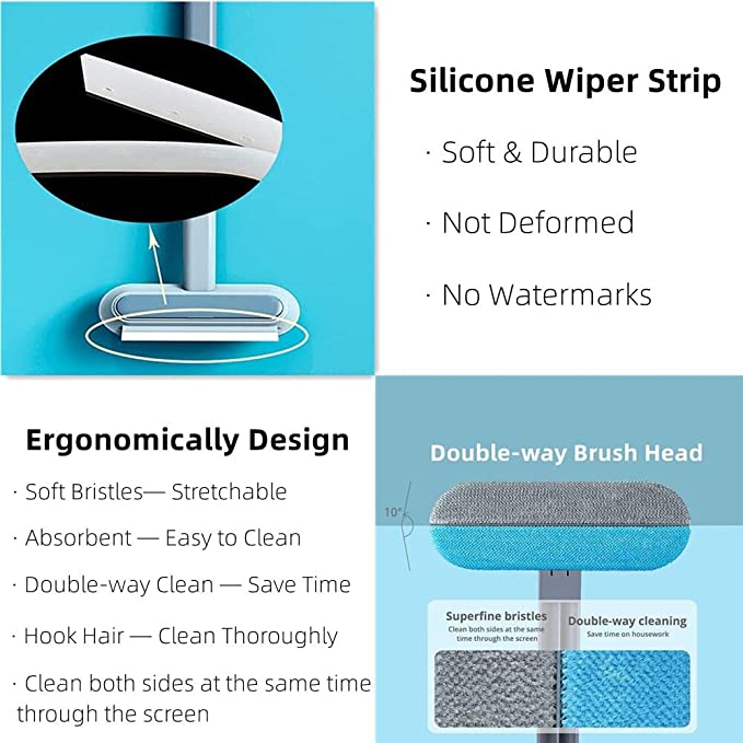 Ergonomic pet hair remover with silicone squeegee for multisurface cleaning.