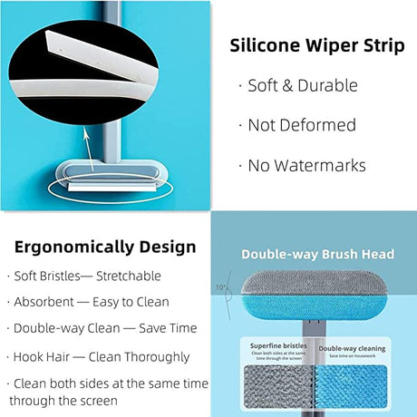 Ergonomic pet hair remover with silicone squeegee for multisurface cleaning.
