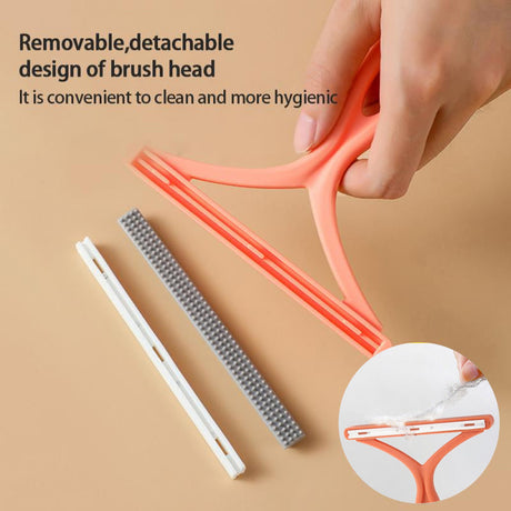 Pet hair remover with interchangeable brush attachments for multiple surfaces.