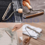 Pet hair remover brush showcasing cleaning results across multiple surfaces.