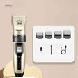 FurEase pet trimmer with interchangeable comb attachments and USB charging cable.