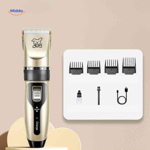 FurEase pet trimmer with interchangeable comb attachments and USB charging cable.