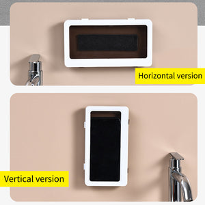 Shower phone holder rotates for both horizontal and vertical device orientation.