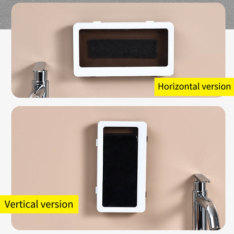 Shower phone holder rotates for both horizontal and vertical device orientation.
