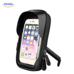 Retractable motorcycle phone mount with adjustable stand for multiple viewing angles.