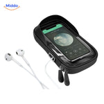 Motorcycle phone mount with accessible headphone connector and audio jack cutout.