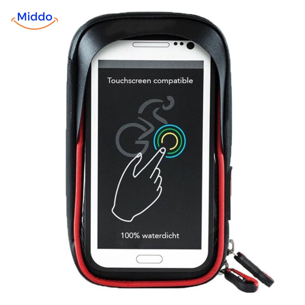 Waterproof motorcycle mount with responsive touchscreen-friendly protective window.