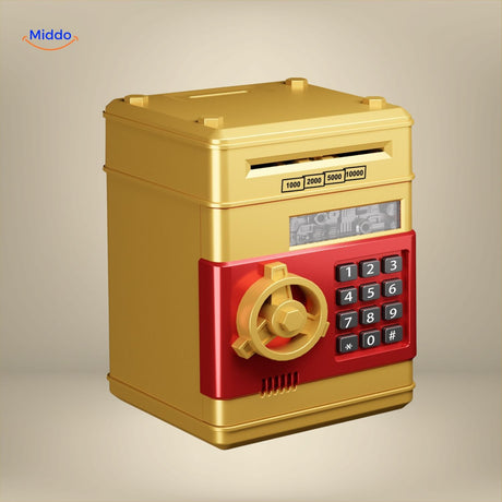 Pink and silver ATM piggy bank with numeric digit lock and secure deposit feature.