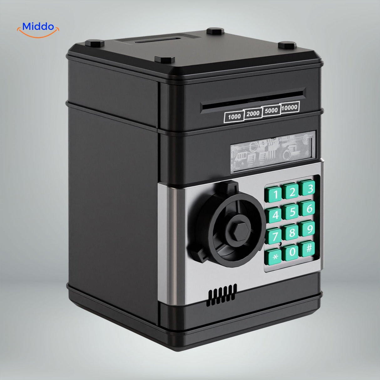 Rose and silver ATM piggy bank with PIN code entry and bill slot feature.