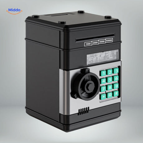 Rose and silver ATM piggy bank with PIN code entry and bill slot feature.
