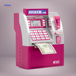 Black and green ATM piggy bank with vault door and PIN code security lock.