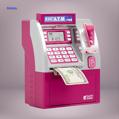 Black and green ATM piggy bank with vault door and PIN code security lock.