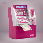 Black and green ATM piggy bank with vault door and PIN code security lock.